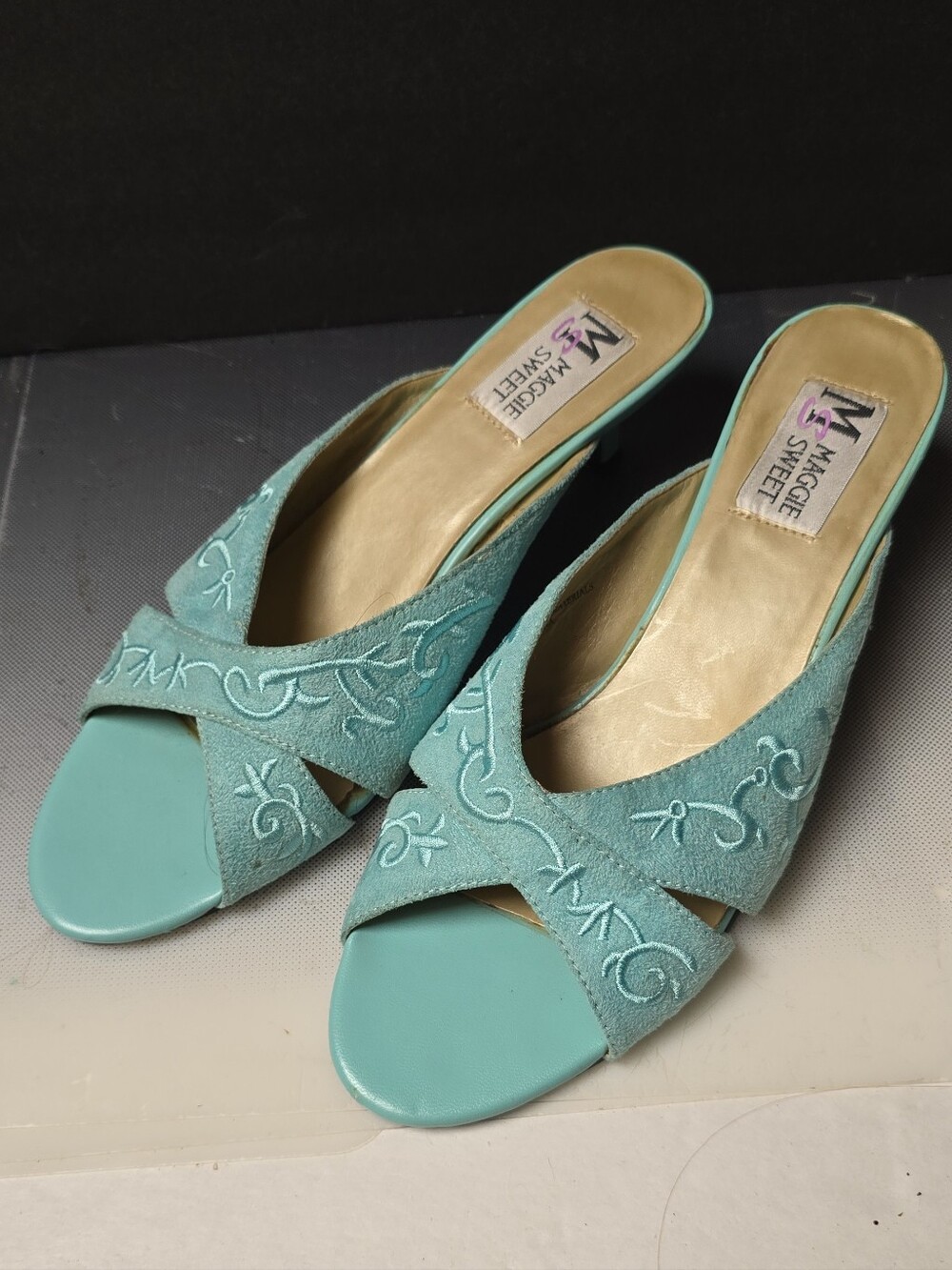 Maggie Sweet Suede Embroidered Kitten Heels Soft Teal Slide Sandals 9.5m